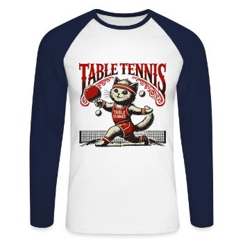 Chat mignon Tennis de table Style vintage Rétro - T-shirt baseball manches longues Homme - blanc/marine - Devant - Nik (191cm)