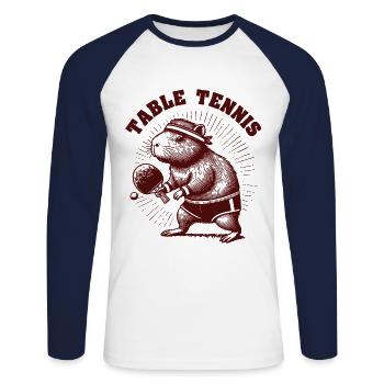 Capybara Joueur de Tennis de Table Vintage Look Rétro - T-shirt baseball manches longues Homme - blanc/marine - Devant - Nik (191cm)