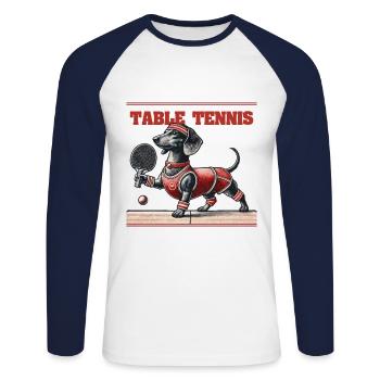 Teckel chien jeu de tennis de table rétro - T-shirt baseball manches longues Homme - blanc/marine - Devant - Nik (191cm)