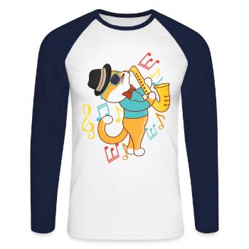 Saxophone Cat Jazz - T-shirt baseball manches longues Homme - blanc/marine - Devant - Nik (191cm)