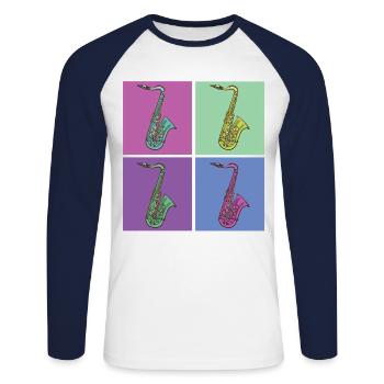Saxophone Rétro Années 80 Années 90 Vintage - T-shirt baseball manches longues Homme - blanc/marine - Devant - Nik (191cm)