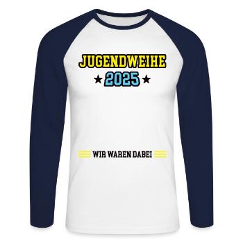 Jugendweihe 2025 Gästebuch Outfit Feier Teenager - Unisex Baseballshirt langarm - Weiß/Navy - Vorne - Nik (191cm)