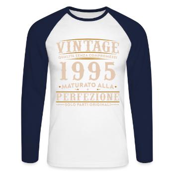 Vintage, 1995, 30ème Anniversaire, Cadeau - T-shirt baseball manches longues Homme - blanc/marine - Devant - Nik (191cm)