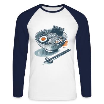 Ramen Noodles Retro Ukiyo-E Streetwear Anime Japan - Unisex Long Sleeve Baseball T-Shirt - white/navy - Front - Nik (191cm)