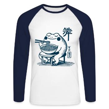 Kawaii Frog with Ramen Noodles Ukiyo-e Japanese - Unisex Long Sleeve Baseball T-Shirt - white/navy - Front - Nik (191cm)