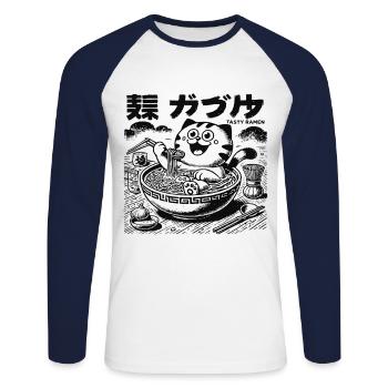 Chat Ramen Kawaii, Nouilles Japonaises - T-shirt baseball manches longues Homme - blanc/marine - Devant - Nik (191cm)