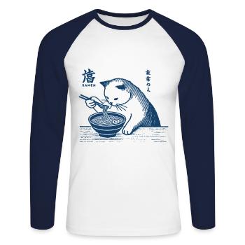 Chats et Nouilles Ramen Kawaii Rétro Japon - T-shirt baseball manches longues Homme - blanc/marine - Devant - Nik (191cm)