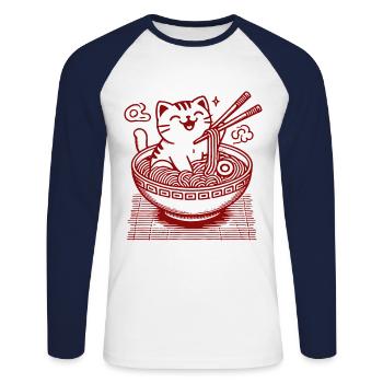 Chat Kawaii avec des nouilles Ramen Streetwear - T-shirt baseball manches longues Homme - blanc/marine - Devant - Nik (191cm)