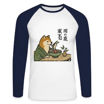 Retro Japan Ukiyo-E Shiba Dog Eats Ramen Noodles - Unisex Long Sleeve Baseball T-Shirt - white/navy - Front - Nik (191cm)