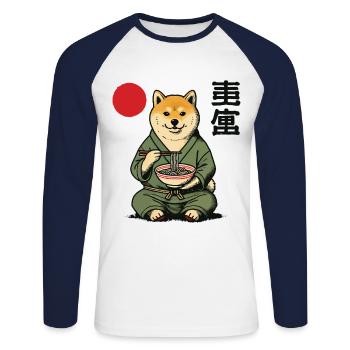 Shiba Chien Ramen Japon Ukiyo-E Style - T-shirt baseball manches longues Homme - blanc/marine - Devant - Nik (191cm)