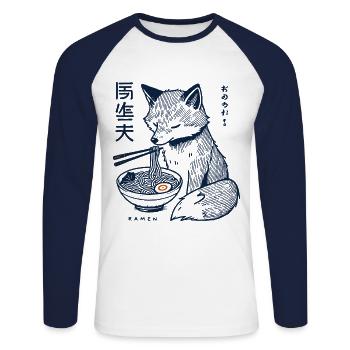 Kitsune Ramen Nudeln Kawaii Retro Ukiyo-e Fuchs - Unisex Baseballshirt langarm - Weiß/Navy - Vorne - Nik (191cm)