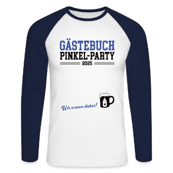 Gästebuch Babyparty Pinkel Party 2025 Pinkelparty - Unisex Baseballshirt langarm - Weiß/Navy - Vorne - Nik (191cm)