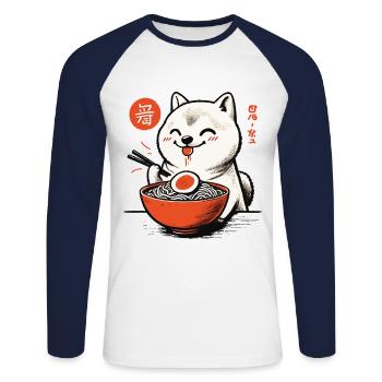 Ramen Noodles Love Shiba Dog Japan Retro Ukiyo-E - Unisex Long Sleeve Baseball T-Shirt - white/navy - Front - Nik (191cm)
