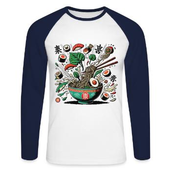 Nouilles Ramen Japonais Streetwear Sushi Art - T-shirt baseball manches longues Homme - blanc/marine - Devant - Nik (191cm)