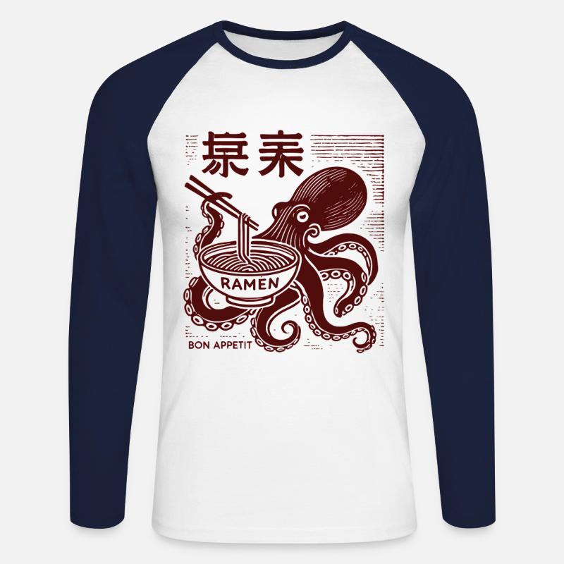Ukiyo-E Ramen Nudeln Oktopus Retro Japan Stil - Unisex Baseballshirt langarm - Weiß/Navy
