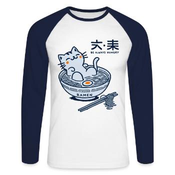 Kawaii Ramen Katze Japanische Streetwear Kunst - Unisex Baseballshirt langarm - Weiß/Navy - Vorne - Nik (191cm)