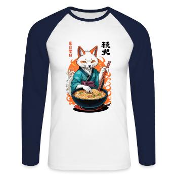Kitsune Ramen Noodles Kawaii Japan Retro Ukiyo-e - Unisex Long Sleeve Baseball T-Shirt - white/navy - Front - Nik (191cm)