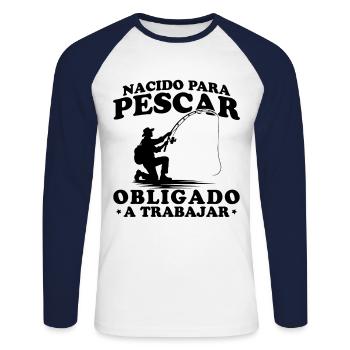 Né pour pêcher - T-shirt baseball manches longues Homme - blanc/marine - Devant - Nik (191cm)