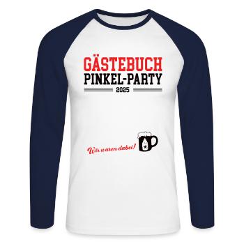 Gästebuch Pinkel Party 2025 Babybier Pinkelparty - Unisex Baseballshirt langarm - Weiß/Navy - Vorne - Nik (191cm)