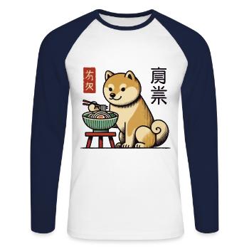 Ramen Nudeln essender Shiba Hund Japan Ukiyo-E - Unisex Baseballshirt langarm - Weiß/Navy - Vorne - Nik (191cm)