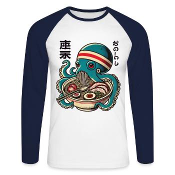 Japanese Anime Ramen Noodles Retro Octopus - Unisex Long Sleeve Baseball T-Shirt - white/navy - Front - Nik (191cm)