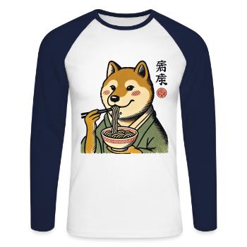 Shiba Dog Ramen Noodles Funny Dogs Ukiyo-E - Unisex Long Sleeve Baseball T-Shirt - white/navy - Front - Nik (191cm)