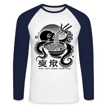 Octopus Eats Ramen Japan Retro Ukiyo-E - Unisex Long Sleeve Baseball T-Shirt - white/navy - Front - Nik (191cm)