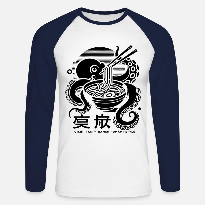 Oktopus isst Ramen Japan Retro Ukiyo-E - Unisex Baseballshirt langarm - Weiß/Navy