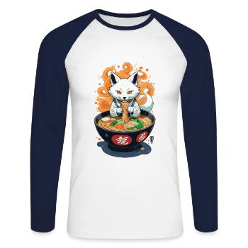 Kitsune Ramen Nudeln Kawaii Retro Ukiyo-e Fuchs - Unisex Baseballshirt langarm - Weiß/Navy - Vorne - Nik (191cm)