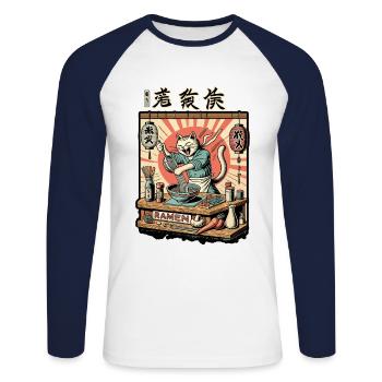 Drôle Ramen Chef Chat Kawaii Rétro Japon - T-shirt baseball manches longues Homme - blanc/marine - Devant - Nik (191cm)