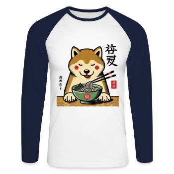 Shiba Dog Ramen Noodles Ukiyo-E Style Kawaii - Unisex Long Sleeve Baseball T-Shirt - white/navy - Front - Nik (191cm)