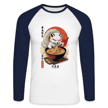 Kitsune Ramen Nudeln Kawaii Japan Retro - Unisex Baseballshirt langarm - Weiß/Navy - Vorne - Nik (191cm)
