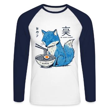 Kitsune Ramen Fox Kawaii Japan Streetwear - Unisex Long Sleeve Baseball T-Shirt - white/navy - Front - Nik (191cm)
