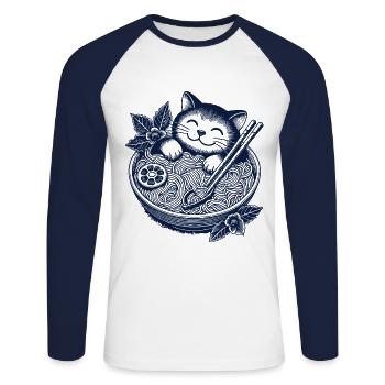 Kawaii Cat Ramen Noodles Japanese Streetwear - Unisex Long Sleeve Baseball T-Shirt - white/navy - Front - Nik (191cm)