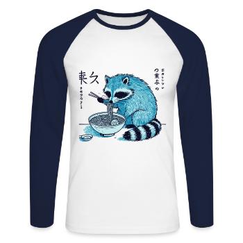 Le raton laveur aime les nouilles ramen dans un style rétro - T-shirt baseball manches longues Homme - blanc/marine - Devant - Nik (191cm)