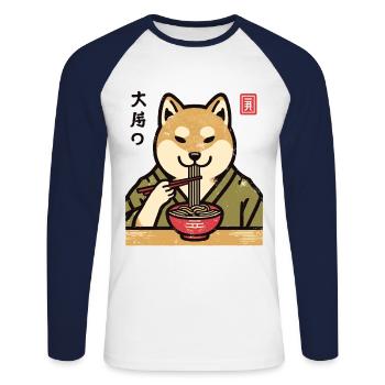 Ramen Noodles Streetwear Japonais Ukiyo-E - T-shirt baseball manches longues Homme - blanc/marine - Devant - Nik (191cm)