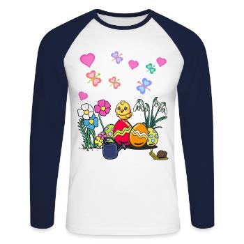 Easter Spring Kids Child Baby Chick Easter Eggs - Unisex Long Sleeve Baseball T-Shirt - white/navy - Front - Nik (191cm)