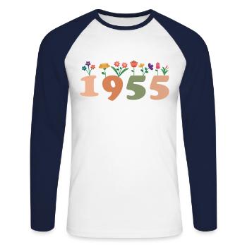 70 Années Vintage 1955 Anniversaire Femmes Fleurs - T-shirt baseball manches longues Homme - blanc/marine - Devant - Nik (191cm)
