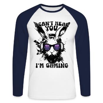 Je ne t’entends pas, je joue avec des lunettes de soleil Bunny - T-shirt baseball manches longues Homme - blanc/marine - Devant - Nik (191cm)