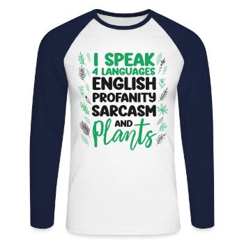 Amateur de plantes Jardinage Je parle 4 - T-shirt baseball manches longues Homme - blanc/marine - Devant - Nik (191cm)
