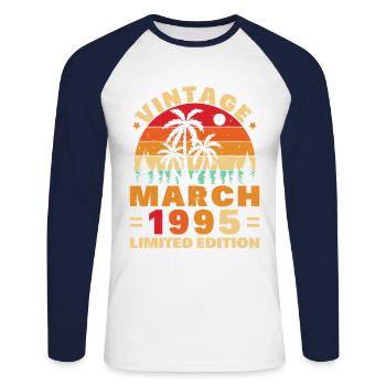 March 1995 Vintage Birthday Gift - Unisex Long Sleeve Baseball T-Shirt - white/navy - Front - Nik (191cm)
