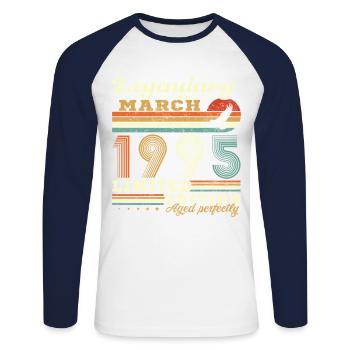 March 1995 Vintage Birthday Gift - Unisex Long Sleeve Baseball T-Shirt - white/navy - Front - Nik (191cm)
