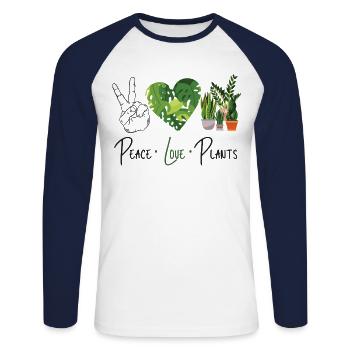 Amoureux des plantes Jardinage Paix Amour - T-shirt baseball manches longues Homme - blanc/marine - Devant - Nik (191cm)