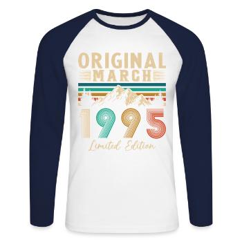 March 1995 Vintage Birthday Gift - Unisex Long Sleeve Baseball T-Shirt - white/navy - Front - Nik (191cm)