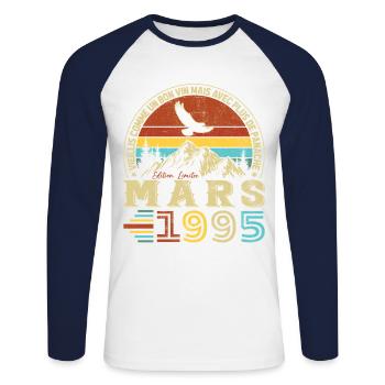 March 1995 Vintage Birthday Gift - Unisex Long Sleeve Baseball T-Shirt - white/navy - Front - Nik (191cm)
