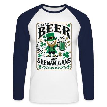 Saint-Patrick : Bière et manigances - T-shirt baseball manches longues Homme - blanc/marine - Devant - Nik (191cm)