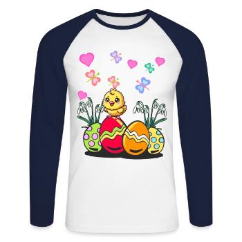 Pâques Pâques Printemps Poussin Oeufs de Pâques - T-shirt baseball manches longues Homme - blanc/marine - Devant - Nik (191cm)