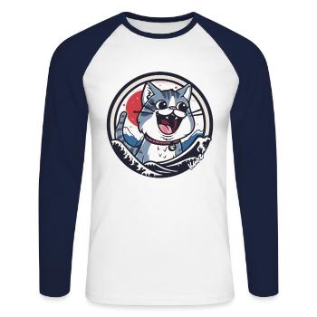 Glückliche Katze in der Welle - Unisex Baseballshirt langarm - Weiß/Navy - Vorne - Nik (191cm)