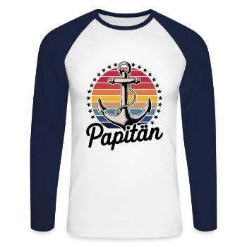 Papitän Anker Retro Streifen Design - Unisex Baseballshirt langarm - Weiß/Navy - Vorne - Nik (191cm)