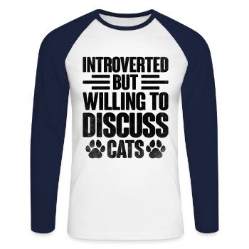 Introverti mais prêt à discuter des dictons des chats - T-shirt baseball manches longues Homme - blanc/marine - Devant - Nik (191cm)